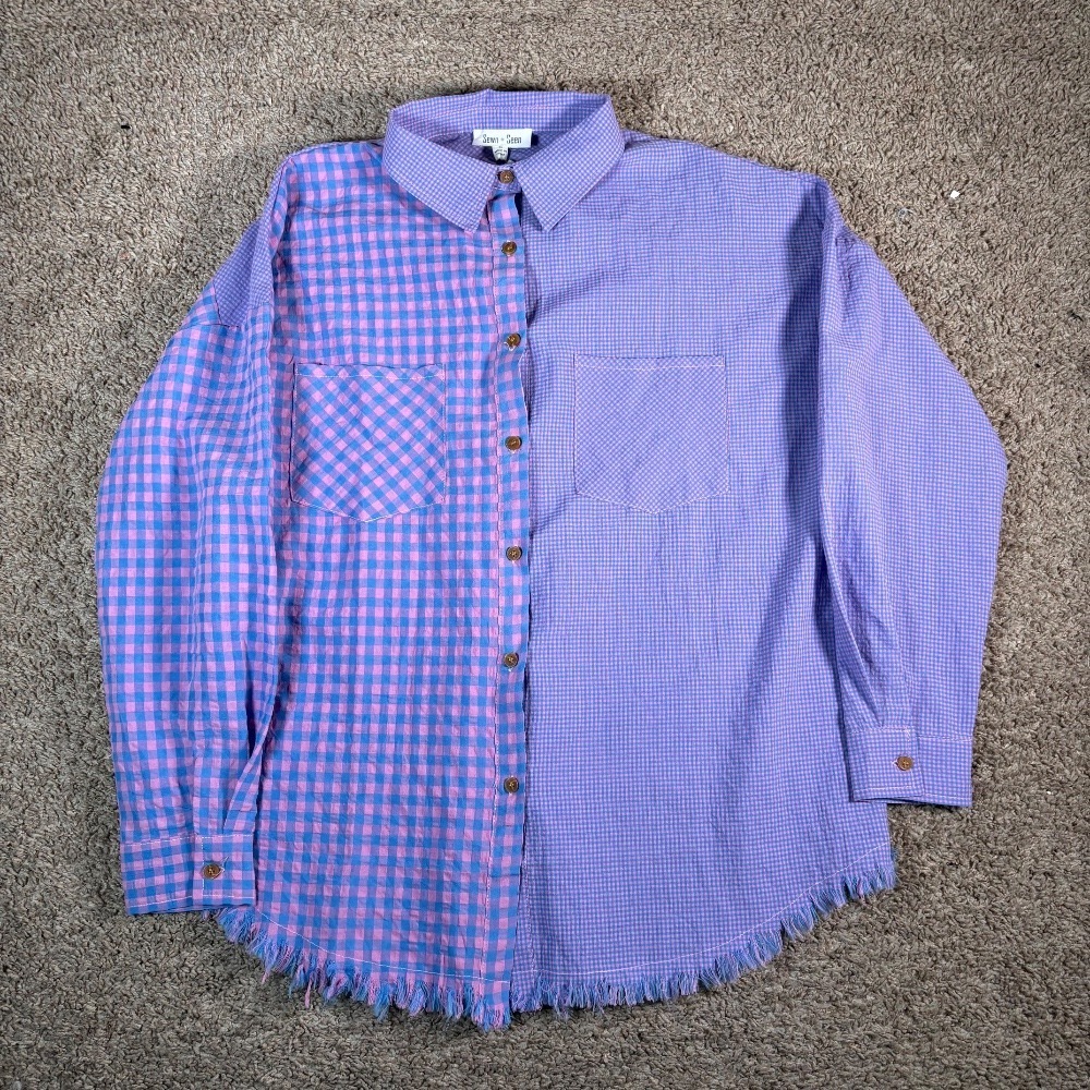 Sewn + Seen Gingham Fringe Hem Shirt‎ Oversized Button Down Top Pink Purple M